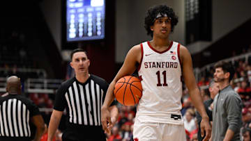 Feb 8, 2025; Stanford, California, USA; Stanford Cardinal guard Ryan Agarwal (11) looks on during a break in play against the NC State Wolfpack in the second half at Maples Pavilion. Mandatory Credit: Eakin Howard-Imagn Images