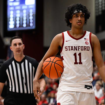 Feb 8, 2025; Stanford, California, USA; Stanford Cardinal guard Ryan Agarwal (11) looks on during a break in play against the NC State Wolfpack in the second half at Maples Pavilion. Mandatory Credit: Eakin Howard-Imagn Images
