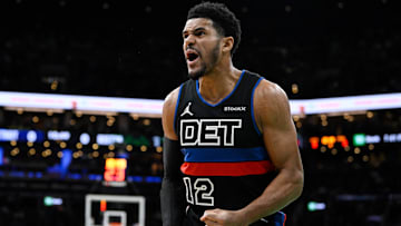 Dec 12, 2024; Boston, Massachusetts, USA; Detroit Pistons forward Tobias Harris (12): Eric Canha-Imagn Images