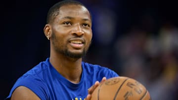 Apr 13, 2025; San Francisco, California, USA; Golden State Warriors forward Jonathan Kuminga (00) warms up before the game between the Golden State Warriors and the LA Clippers at Chase Center. Mandatory Credit: Robert Edwards-Imagn Images