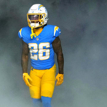 Dec 23, 2023; Inglewood, California, USA; Los Angeles Chargers cornerback Asante Samuel Jr. (26)  enters the field before the game against the Buffalo Bills at SoFi Stadium. Mandatory Credit: Kirby Lee-Imagn Images