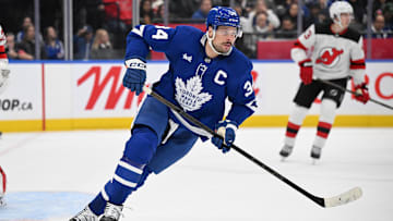 Jan 16, 2025; Toronto, Ontario, CAN;  Toronto Maple Leafs forward Auston Matthews (34) pursues the play against the New Jersey Devils in the first period at Scotiabank Arena. Mandatory Credit: Dan Hamilton-Imagn Images