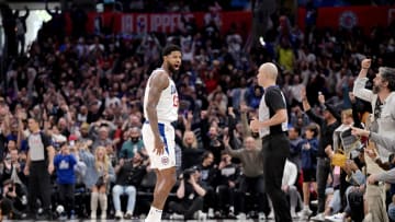 Apr 7, 2024; Los Angeles, California, USA; Los Angeles Clippers forward Paul George (13) celebrates after shooting the go ahead basket in the fourth quarter against the Cleveland Cavaliers at Crypto.com Arena. Mandatory Credit: Jayne Kamin-Oncea-USA TODAY Sports