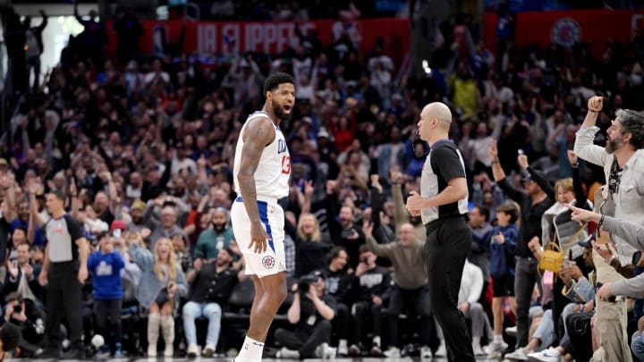 Apr 7, 2024; Los Angeles, California, USA; Los Angeles Clippers forward Paul George (13) celebrates after shooting the go ahead basket in the fourth quarter against the Cleveland Cavaliers at Crypto.com Arena. Mandatory Credit: Jayne Kamin-Oncea-USA TODAY Sports