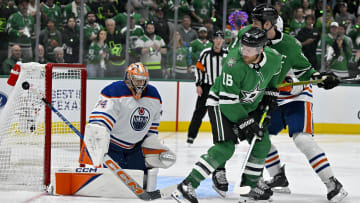 May 23, 2024; Dallas, Texas, USA; Dallas Stars center Joe Pavelski (16) tries to redirect the puck past Edmonton Oilers goaltender Stuart Skinner (74) during the overtime period in game one of the Western Conference Final of the 2024 Stanley Cup Playoffs at American Airlines Center. Mandatory Credit: Jerome Miron-USA TODAY Sports