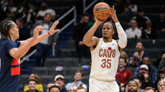 Oct 26, 2024; Washington, District of Columbia, USA; Cleveland Cavaliers forward Isaac Okoro (35) takes a jump shot against the Washington Wizards during the fourth quarter at Capital One Arena. Mandatory Credit: Reggie Hildred-Imagn Images