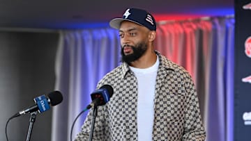 Mar 13, 2025; Foxborough, MA, USA; New England Patriots cornerback Carlton Davis III discusses his recent free agent addition to the Patriots with the media at Gillette Stadium. Mandatory Credit: Eric Canha-Imagn Images