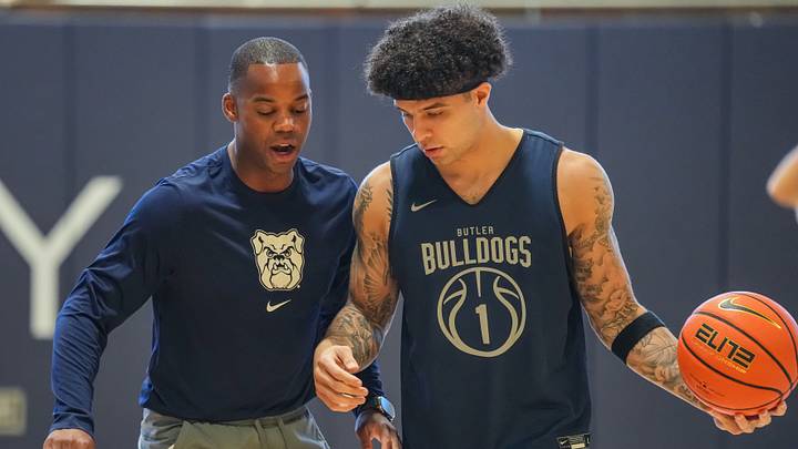 Butler Bulldogs guard Jalen Jackson (1) walks through a drill with Butler Bulldogs head coach Ronald Nored on Tuesday, Sept. 1, 2026, during practice at Hinkle Fieldhouse in Indianapolis.