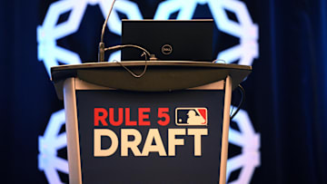 Dec 7, 2022; San Diego, CA, USA; A detailed view of the podium before the Rule 5 draft during the 2022 MLB Winter Meetings at Manchester Grand Hyatt. Mandatory Credit: Orlando Ramirez-Imagn Images