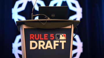 Dec 7, 2022; San Diego, CA, USA; A detailed view of the podium before the Rule 5 draft during the 2022 Winter Meetings in San Diego. 