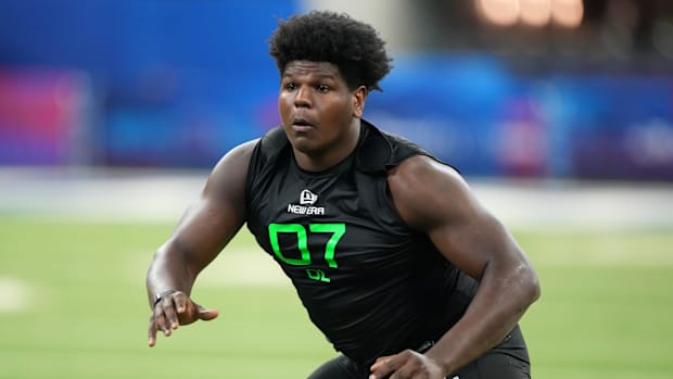 Oregon offensive lineman Josh Conerly (OL07) during the 2025 NFL Combine at Lucas Oil Stadium.