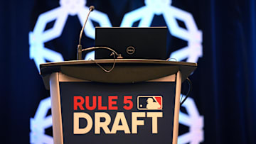 Dec 7, 2022; San Diego, CA, USA; A detailed view of the podium before the Rule 5 draft during the 2022 MLB Winter Meetings at Manchester Grand Hyatt. Mandatory Credit: Orlando Ramirez-Imagn Images
