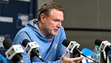 Mar 19, 2025; Providence, RI, USA; Kansas Jayhawks head coach Bill Self speaks to the media during a press conference at Amica Mutual Pavilion. Mandatory Credit: Eric Canha-Imagn Images