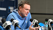 Mar 19, 2025; Providence, RI, USA; Kansas Jayhawks head coach Bill Self speaks to the media during a press conference at Amica Mutual Pavilion. Mandatory Credit: Eric Canha-Imagn Images