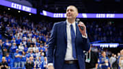 Mar 4, 2025; Lexington, Kentucky, USA; Kentucky Wildcats head coach Mark Pope talks to the crowd after the game against the LSU Tigers at Rupp Arena at Central Bank Center. Mandatory Credit: Jordan Prather-Imagn Images