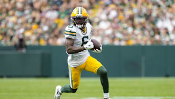 Aug 23, 2025; Green Bay, Wisconsin, USA;  Green Bay Packers wide receiver Mecole Hardman (6) during the game against the Seattle Seahawks at Lambeau Field. Mandatory Credit: Jeff Hanisch-Imagn Images