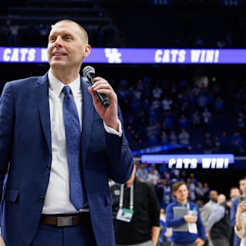 Mar 4, 2025; Lexington, Kentucky, USA; Kentucky Wildcats head coach Mark Pope talks to the crowd after the game against the LSU Tigers at Rupp Arena at Central Bank Center. Mandatory Credit: Jordan Prather-Imagn Images
