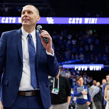 Mar 4, 2025; Lexington, Kentucky, USA; Kentucky Wildcats head coach Mark Pope talks to the crowd after the game against the LSU Tigers at Rupp Arena at Central Bank Center. Mandatory Credit: Jordan Prather-Imagn Images
