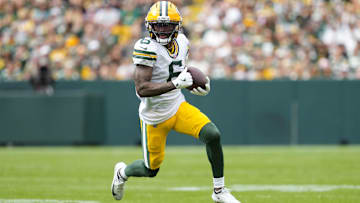 Aug 23, 2025; Green Bay, Wisconsin, USA;  Green Bay Packers wide receiver Mecole Hardman (6) during the game against the Seattle Seahawks at Lambeau Field. Mandatory Credit: Jeff Hanisch-Imagn Images