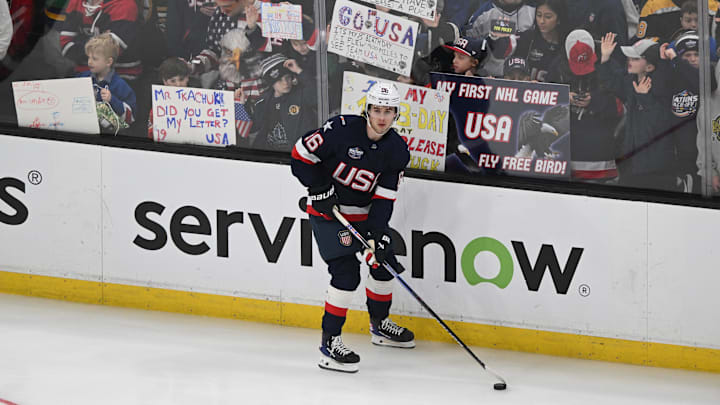 Team USA forward Jack Hughes (86) warms up prior to the game vs. Team Canada during the 4 Nations Face-Off: Brian Fluharty-Imagn Images