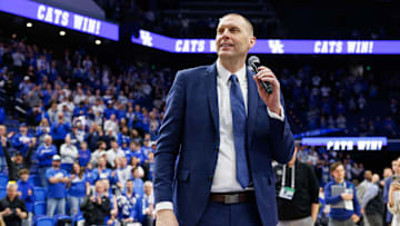 Mar 4, 2025; Lexington, Kentucky, USA; Kentucky Wildcats head coach Mark Pope talks to the crowd after the game against the LSU Tigers at Rupp Arena at Central Bank Center. 