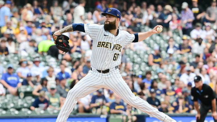 Jul 13, 2024; Milwaukee, Wisconsin, USA; Milwaukee Brewers starting pitcher Dallas Keuchel (60) pitches against the Washington Nationals in the first inning at American Family Field.
