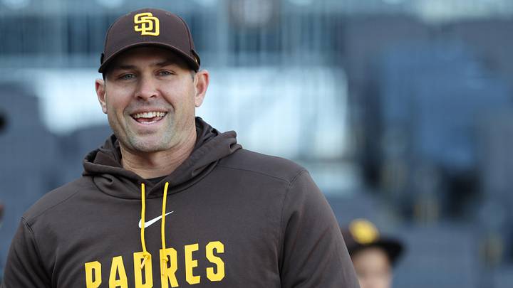 Apr 7, 2026; Pittsburgh, Pennsylvania, USA;  San Diego Padres manager Craig Stammen (14) smiles on the field before the game against the Pittsburgh Pirates at PNC Park. Mandatory Credit: Charles LeClaire-Imagn Images