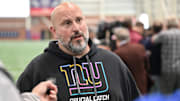Jun 17, 2025; East Rutherford, NJ, USA; New York Giants offensive line coach Carmen Bricillo speaks at a press conference during minicamp at Quest Diagnostics Training Center.