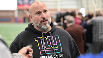 Jun 17, 2025; East Rutherford, NJ, USA; New York Giants offensive line coach Carmen Bricillo speaks at a press conference during minicamp at Quest Diagnostics Training Center.