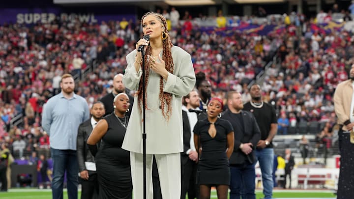 Andra Day performed "Lift Every Voice and Sing before Super Bowl LVIII last year. Andra Day performed "Lift Every Voice and Sing before Super Bowl LVIII last year.