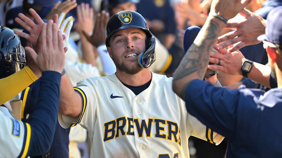 Feb 21, 2026; Phoenix, Arizona, USA; Milwaukee Brewers left fielder Brandon Lockridge (20) scores on a double by second baseman David Hamilton (6) in the fourth inning against the Cleveland Guardians at American Family Fields of Phoenix. Mandatory Credit: Jayne Kamin-Oncea-Imagn Images Feb 21, 2026; Phoenix, Arizona, USA; Milwaukee Brewers left fielder Brandon Lockridge (20) scores on a double by second baseman David Hamilton (6) in the fourth inning against the Cleveland Guardians at American Family Fields of Phoenix. Mandatory Credit: Jayne Kamin-Oncea-Imagn Images