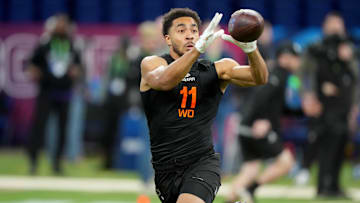 Mar 1, 2025; Indianapolis, IN, USA; Florida wideout Chimere Dike (WO11) during the 2025 NFL Combine at Lucas Oil Stadium. Mandatory Credit: Kirby Lee-Imagn Images