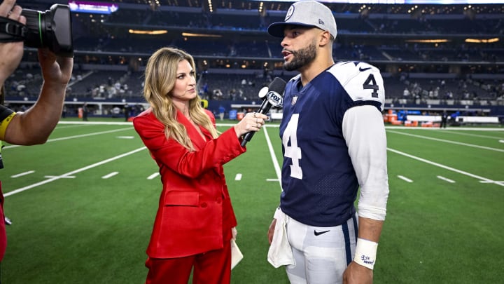 Nov 24, 2022; Arlington, Texas, USA; Dallas Cowboys quarterback Dak Prescott (4) is interviewed by Fox Sports Erin Andrews after the game between the Cowboys and the New York Giants at AT&T Stadium. 