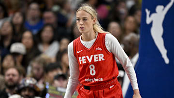 Jun 27, 2025; Dallas, Texas, USA; Indiana Fever guard Sophie Cunningham (8) during the game between the Dallas Wings and the Indiana Fever at the American Airlines Center. Mandatory Credit: Jerome Miron-Imagn Images