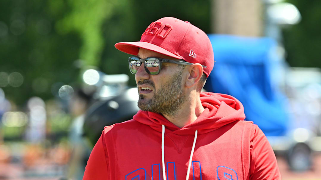 Jul 23, 2025; Rochester, NY, USA; Buffalo Bills defensive coordinator Bobby Babich on the field during training camp at St. John Fisher University. Mandatory Credit: Mark Konezny-Imagn Images