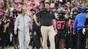 Oct 22, 2022; Eugene, Oregon, USA; Oregon Ducks head coach Dan Lanning walks the sidelines during the first half against the UCLA Bruins at Autzen Stadium. Mandatory Credit: Troy Wayrynen-Imagn Images