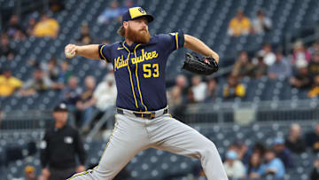 Sep 6, 2025; Pittsburgh, Pennsylvania, USA;  Milwaukee Brewers starting pitcher Brandon Woodruff (53) delivers a pitch against the Pittsburgh Pirates during the first inning at PNC Park. Mandatory Credit: Charles LeClaire-Imagn Images