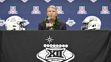 Jul 10, 2024; Las Vegas, NV, USA; Arizona Wildcats head coach Brent Brennan speaks to the media during the Big 12 Media Days at Allegiant Stadium. 