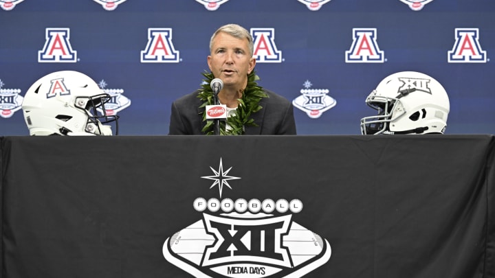 Jul 10, 2024; Las Vegas, NV, USA; Arizona Wildcats head coach Brent Brennan speaks to the media during the Big 12 Media Days at Allegiant Stadium. 