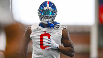 Jun 18, 2025; East Rutherford, NJ, USA; New York Giants linebacker Brian Burns (0) warms up during minicamp at Quest Diagnostics Training Center. Mandatory Credit: John Jones-Imagn Images