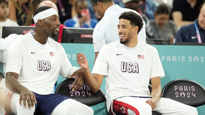 Aug 6, 2024; Paris, France; United States centre Bam Adebayo (13) and guard Tyrese Haliburton (9) look on in the second half in a men’s basketball quarterfinal game during the Paris 2024 Olympic Summer Games at Accor Arena. Mandatory Credit: Kyle Terada-USA TODAY Sports