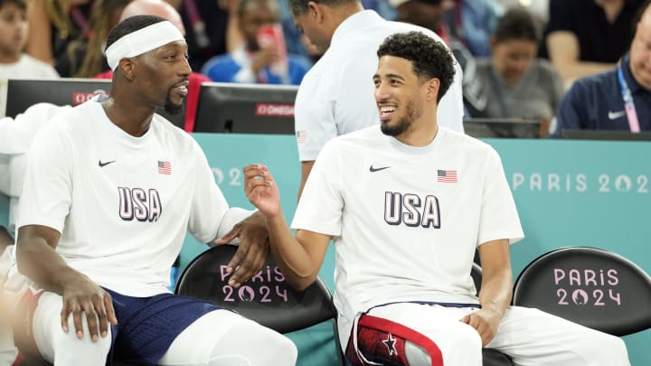 Aug 6, 2024; Paris, France; United States centre Bam Adebayo (13) and guard Tyrese Haliburton (9) look on in the second half in a men’s basketball quarterfinal game during the Paris 2024 Olympic Summer Games at Accor Arena. Mandatory Credit: Kyle Terada-USA TODAY Sports