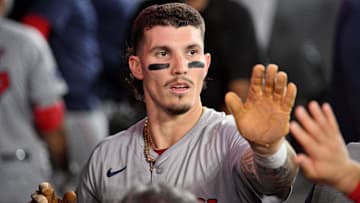Sep 24, 2024; Toronto, Ontario, CAN; Boston Red Sox left fielder Jarren Duran (16) celebrates with teammates in the dugout after scoring a run against the Toronto Blue Jays in the tenth inning at Rogers Centre. Mandatory Credit: Dan Hamilton-Imagn Images
