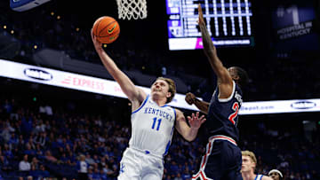 Nov 22, 2024; Lexington, Kentucky, USA; Kentucky Wildcats guard Travis Perry (11) goes to the basket during the second half against the Jackson State Tigers at Rupp Arena at Central Bank Center. Mandatory Credit: Jordan Prather-Imagn Images