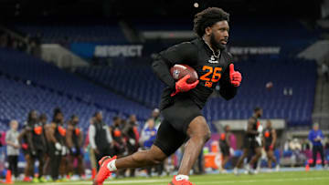 Mar 1, 2025; Indianapolis, IN, USA; Tennessee running back Dylan Sampson (RB26) during the 2025 NFL Combine at Lucas Oil Stadium. Mandatory Credit: Kirby Lee-Imagn Images