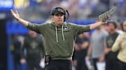 Nov 2, 2025; Inglewood, California, USA; New Orleans Saints head coach Kellen Moore reacts on the sidelines during the first half against the Los Angeles Rams at SoFi Stadium. Mandatory Credit: Kiyoshi Mio-Imagn Images