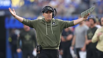 Nov 2, 2025; Inglewood, California, USA; New Orleans Saints head coach Kellen Moore reacts on the sidelines during the first half against the Los Angeles Rams at SoFi Stadium. Mandatory Credit: Kiyoshi Mio-Imagn Images