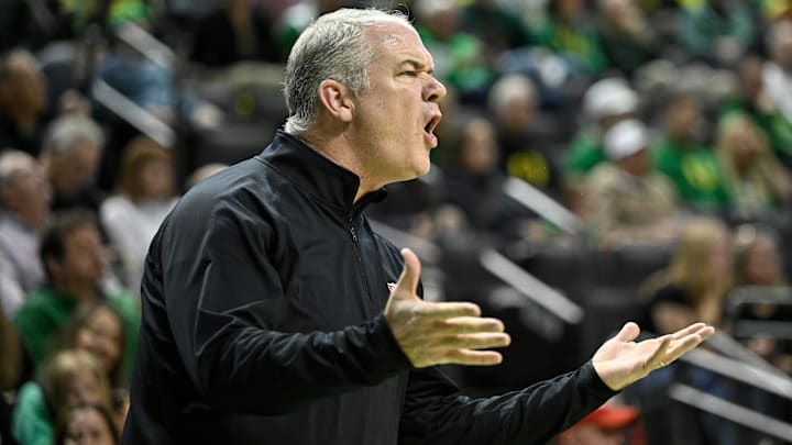 Feb 16, 2025; Eugene, Oregon, USA; Rutgers Scarlet Knights head coach Steve Pikiell reacts during the first half against the Oregon Ducks at Matthew Knight Arena. Mandatory Credit: Craig Strobeck-Imagn Images Feb 16, 2025; Eugene, Oregon, USA; Rutgers Scarlet Knights head coach Steve Pikiell reacts during the first half against the Oregon Ducks at Matthew Knight Arena. Mandatory Credit: Craig Strobeck-Imagn Images