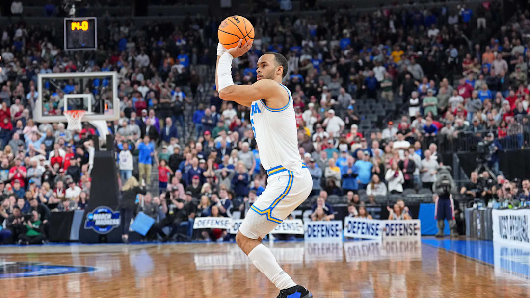 Mar 23, 2023; Las Vegas, NV, USA; UCLA Bruins guard Amari Bailey (5) makes a three-point basket against the Gonzaga Bulldogs during the second half at T-Mobile Arena. 