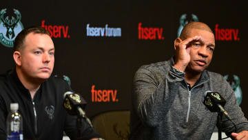 Jan 27, 2024; Milwaukee, WI, USA;  Doc Rivers (right) speaks at a press conference with general manager Jon Horst as Rivers is introduced as the new head coach of the Milwaukee Bucks at the Fiserv Forum. Mandatory Credit: Benny Sieu-USA TODAY Sports